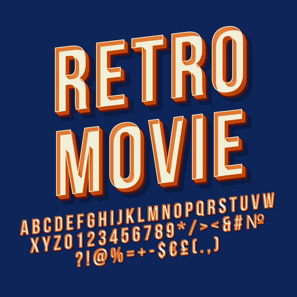 Retro-Film 3D-Vektor-Schriftzug. Vintage Fettschrift. Pop-Art-stilisierter Text. buchstaben, zahlen, symbole im alten schulstil. 90er, 80er Poster, Banner, T-Shirt-Typografie-Design. marineblauer hintergrund vektor