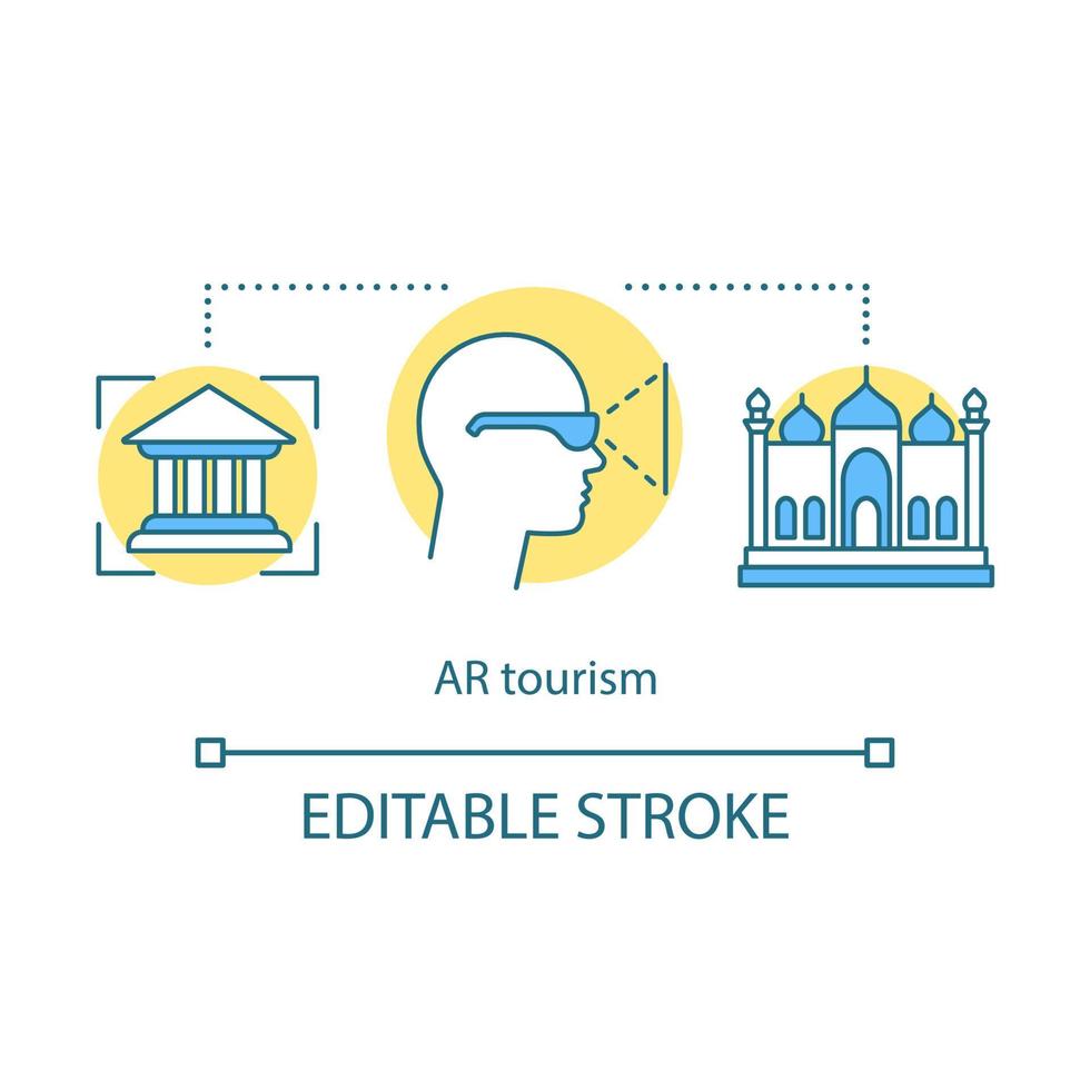 Symbol für ein Tourismuskonzept. visueller Reiseführer und Navigation. interaktives Hotel. oder Sightseeing. erweiterte realität für touristische ideen dünne liniensymbole. Vektor isoliert Umrisszeichnung. editierbarer Strich