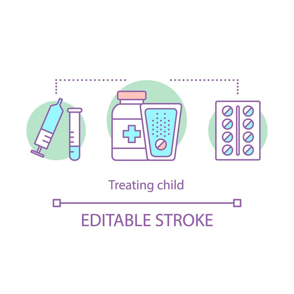 Symbol für das Konzept der Behandlung von Kindern. Kinderbetreuungsidee dünne Linie Abbildung. Impfung, Immunisierung. Medikation. Pillenpackung, Spritze, Laborflasche. Gesundheitspflege. Vektor isoliert Umrisszeichnung. editierbarer Strich