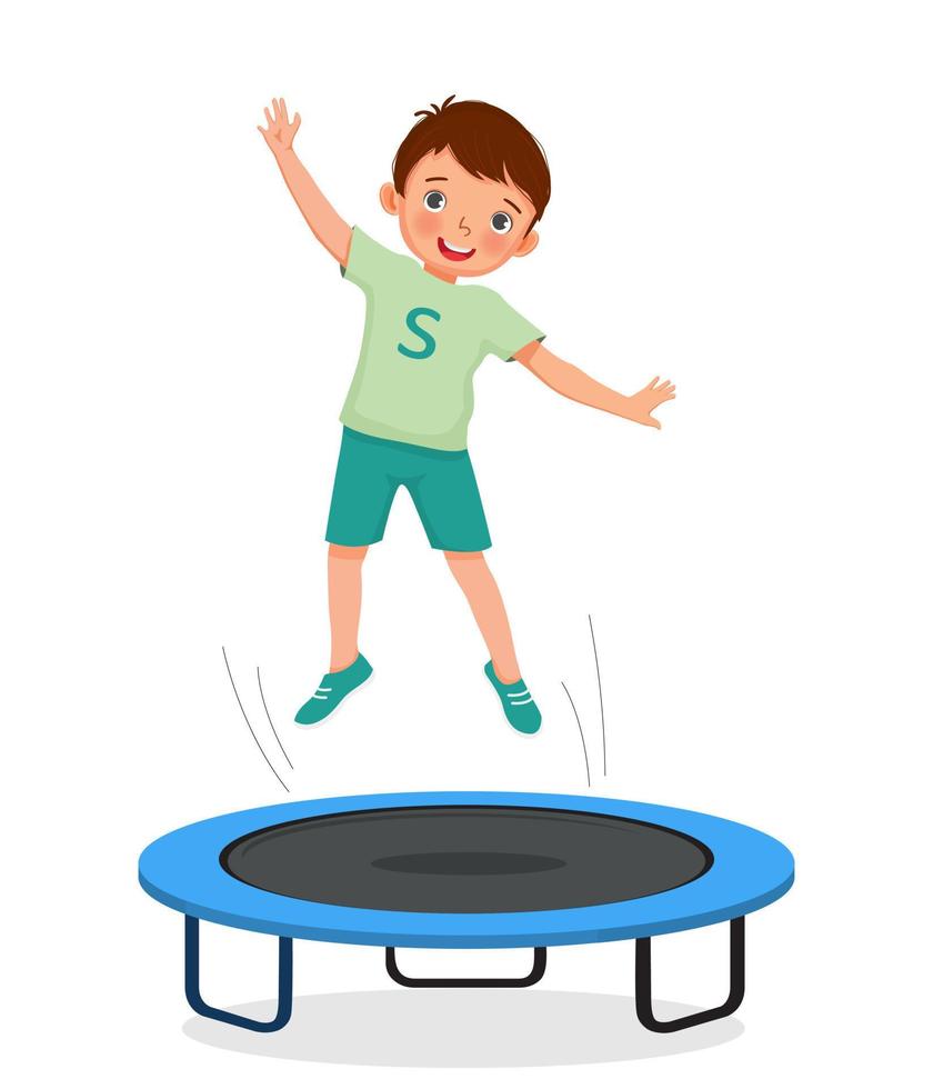 glad liten pojke hoppar på en studsmatta som har kul att spela utomhus sportaktivitet vektor