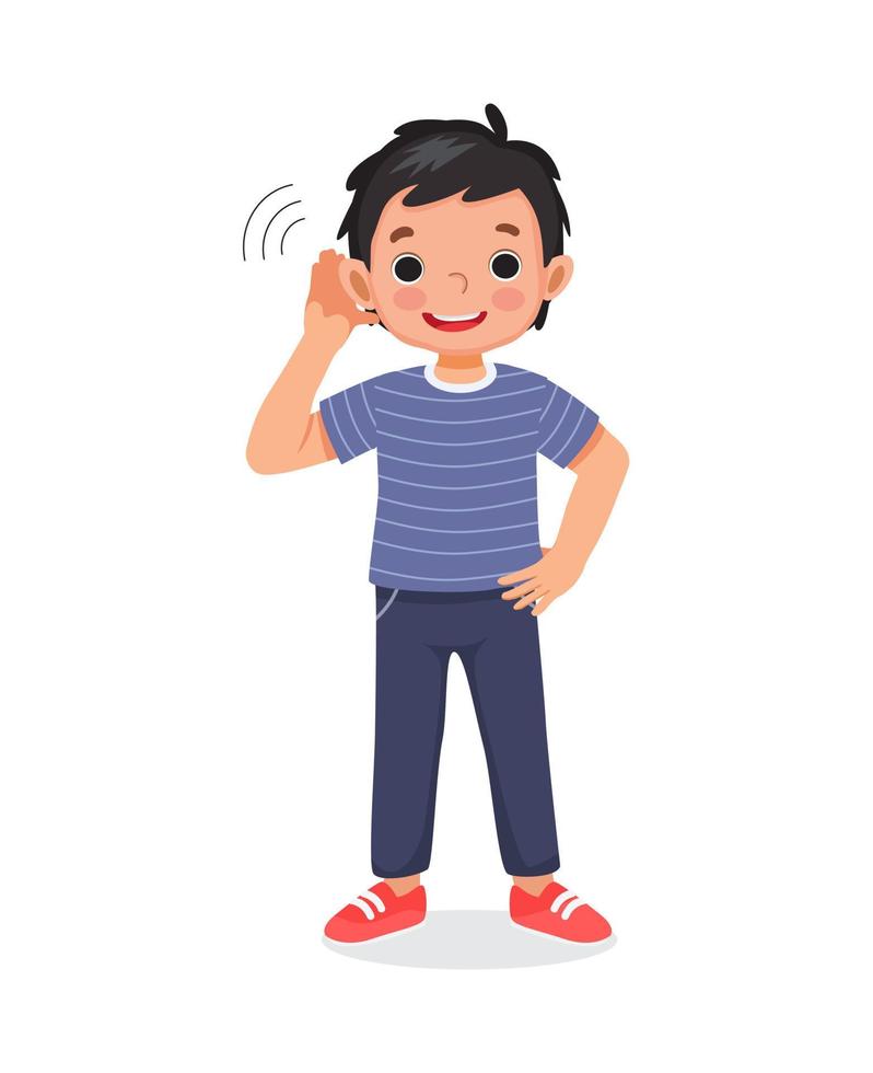 Süßer kleiner Junge mit Hörproblemen versuchen Sie aufmerksam zuzuhören, indem Sie seine Hand ans Ohr legen vektor