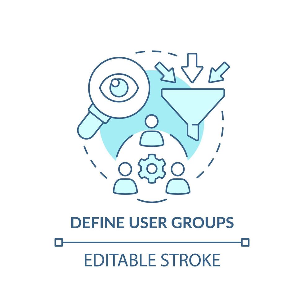 definiera användargrupper turkos konceptikon. maas introduktion komponent abstrakt idé tunn linje illustration. isolerade konturritning. redigerbar linje. vektor