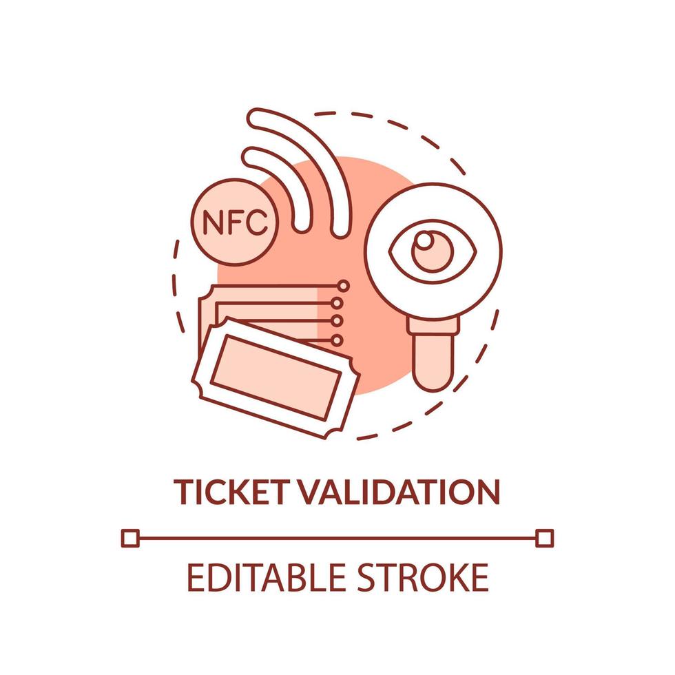 Symbol für das rote Konzept der Ticketvalidierung. Erwerb der Fahrkarte. maas thema abstrakte idee dünne linie illustration. isolierte Umrisszeichnung. editierbarer Strich. vektor