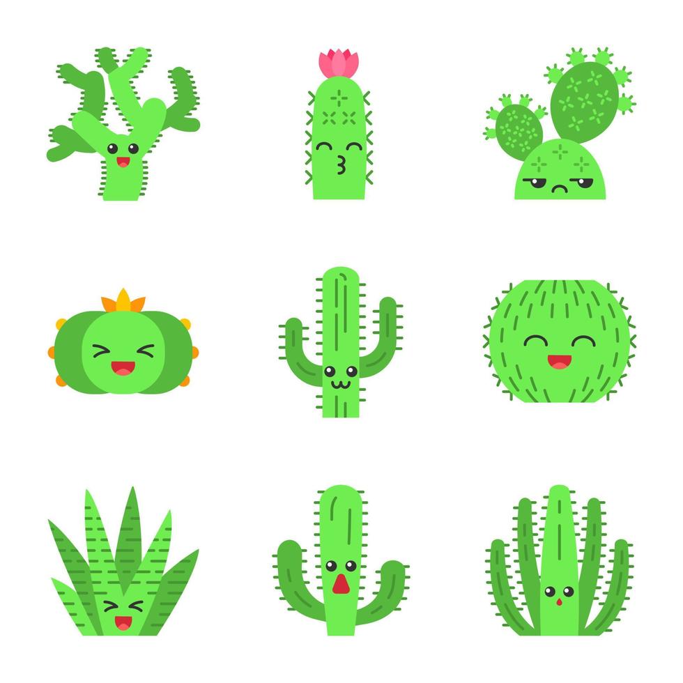 kaktusar platt design lång skugga färg ikoner set. växter med leende ansikten. skratttunna och peyotekaktusar. kyssande igelkott vilda kaktusar. suckulenta växter. vektor siluett illustrationer