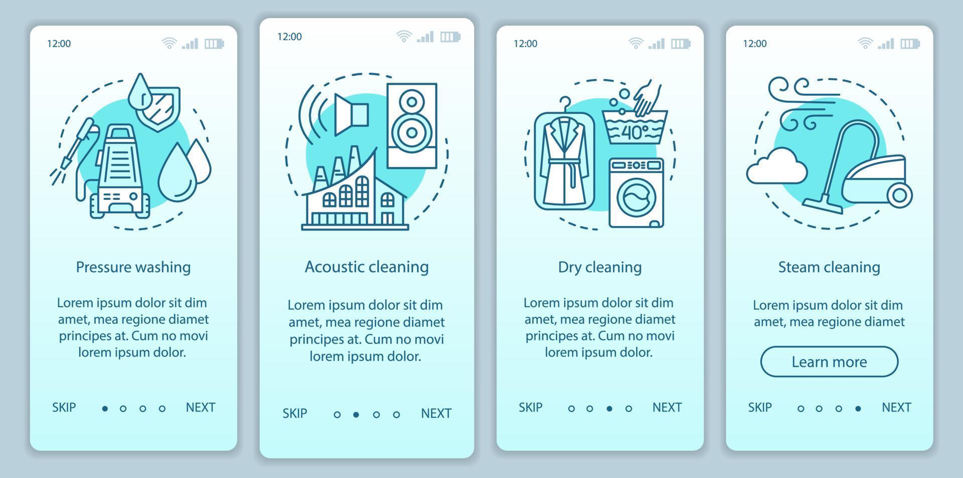 reinigungsmethoden beim onboarding des mobilen app-seitenbildschirms, lineare konzepte. vier Walkthrough-Schritte mit grafischen Anweisungen. Hochdruckreinigung. trocken, Dampfreinigung. ux, ui, gui-vektorvorlage mit illustrationen vektor