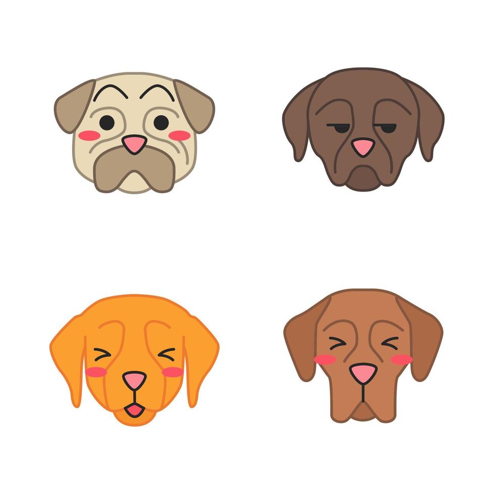 hundar söta kawaii vektor tecken. djur med sorgsna nosparti. spolad mops. oanade rottweiler. kisande golden retriever. rolig emoji, klistermärken, uttryckssymboler. isolerade tecknade färgillustration