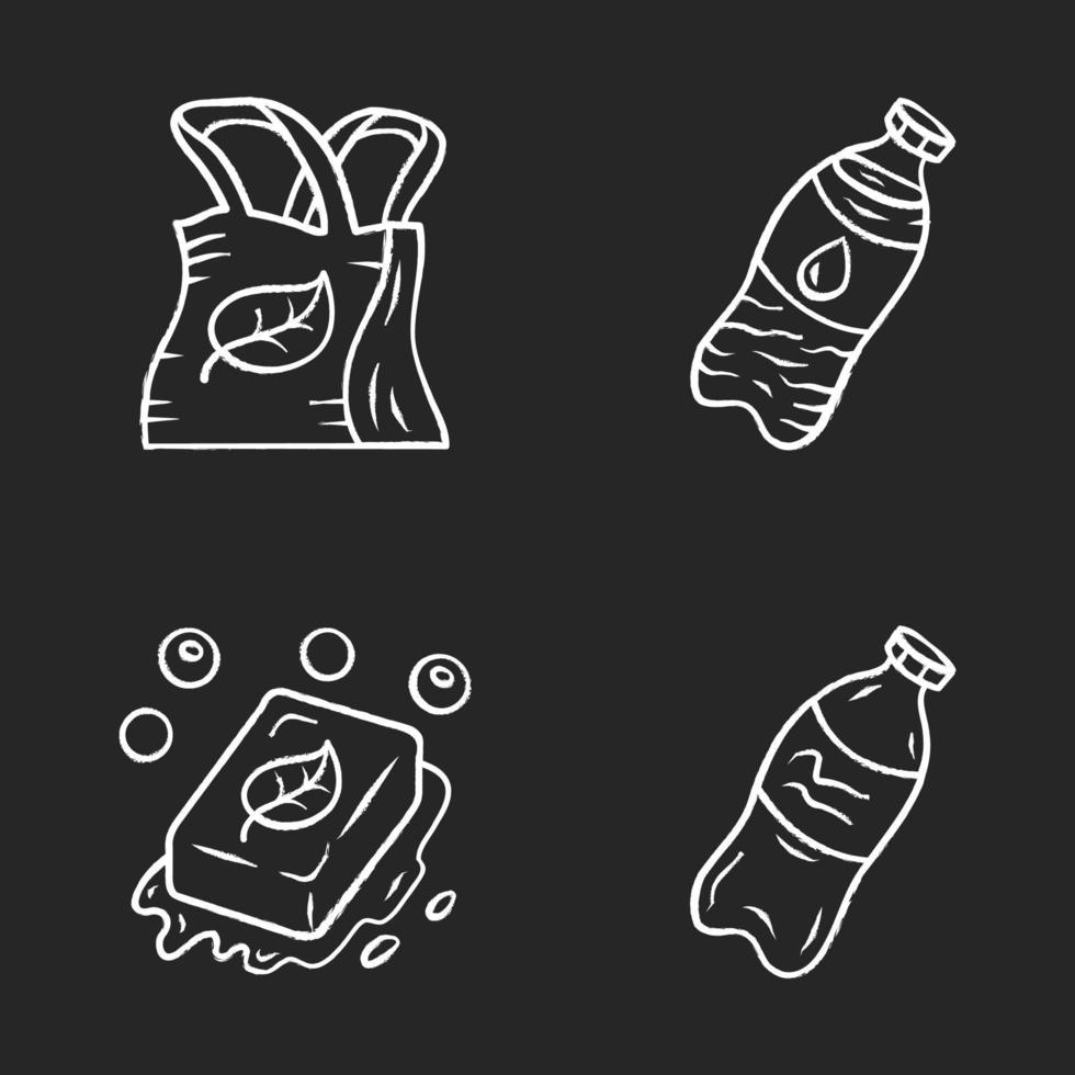 Zero waste swaps handgjorda krita ikoner set. miljövänliga, ekologiska, hållbara produkter. återvinna, återanvändbart material. plast, vattenflaska, eko-tvål, påse. isolerade svarta tavlan vektorillustrationer vektor
