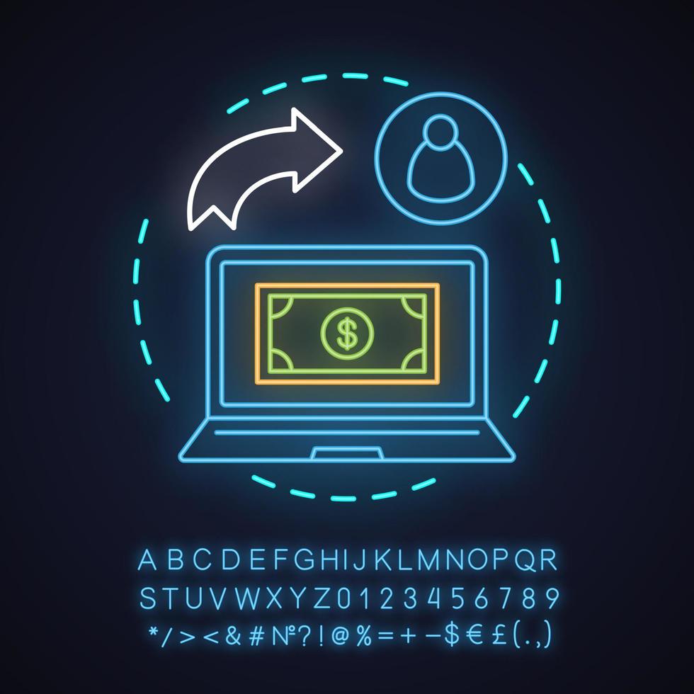 Symbol für das Konzept des Geldtransfer-Neonlichts. Transaktionsidee. E-Zahlung. Onlinebanking. leuchtendes zeichen mit alphabet, zahlen und symbolen. vektor isolierte illustration