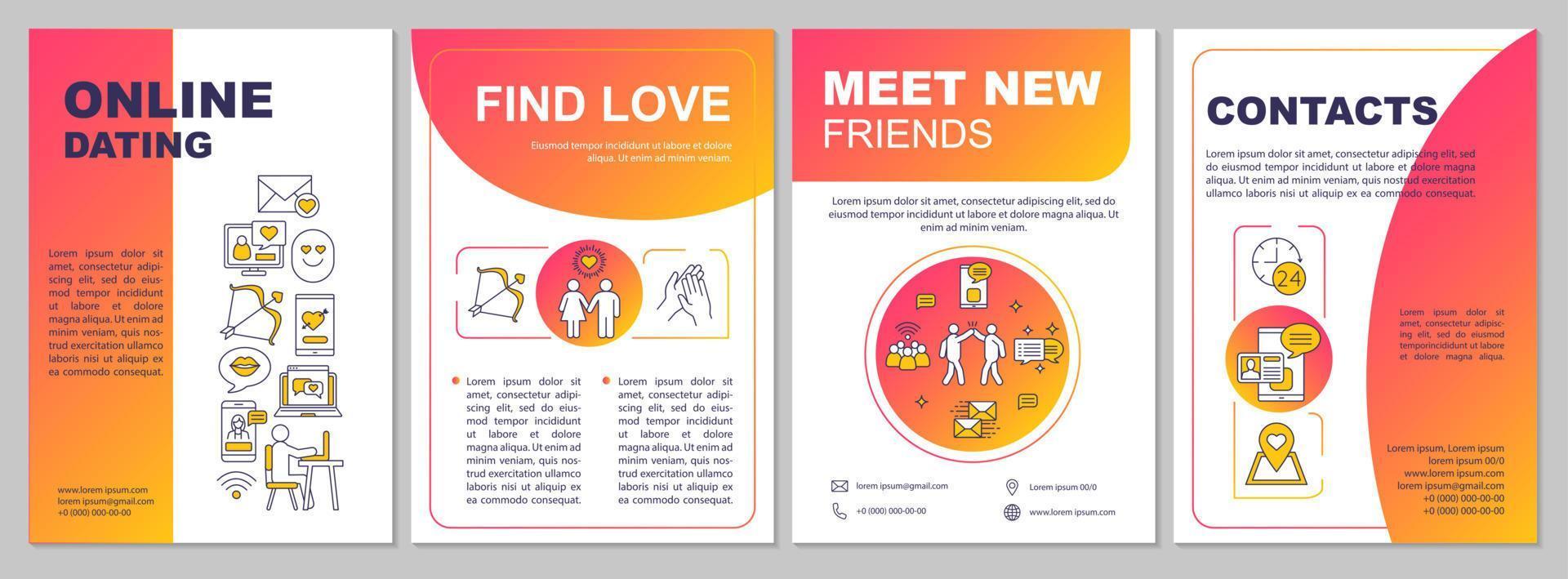 Online-Dating-App-Broschürenvorlagenlayout. Liebesidee finden. flyer, broschüre, broschürendruckdesign mit linearen illustrationen. Vektorseitenlayouts für Zeitschriften, Geschäftsberichte, Werbeplakate vektor