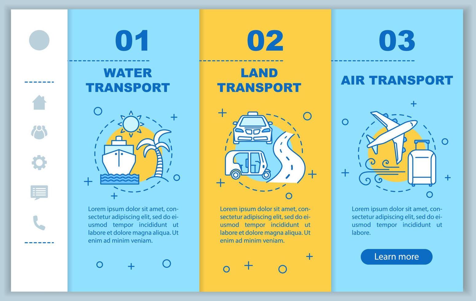 Vektorvorlage für den Bildschirm der mobilen App für Transportdienste. Reisen mit Bus, Schiff, Flugzeug. Komplettlösung für den Wasser-, Land- und Luftverkehr mit linearen Illustrationen. ux, gui-smartphone-schnittstellenkonzept vektor