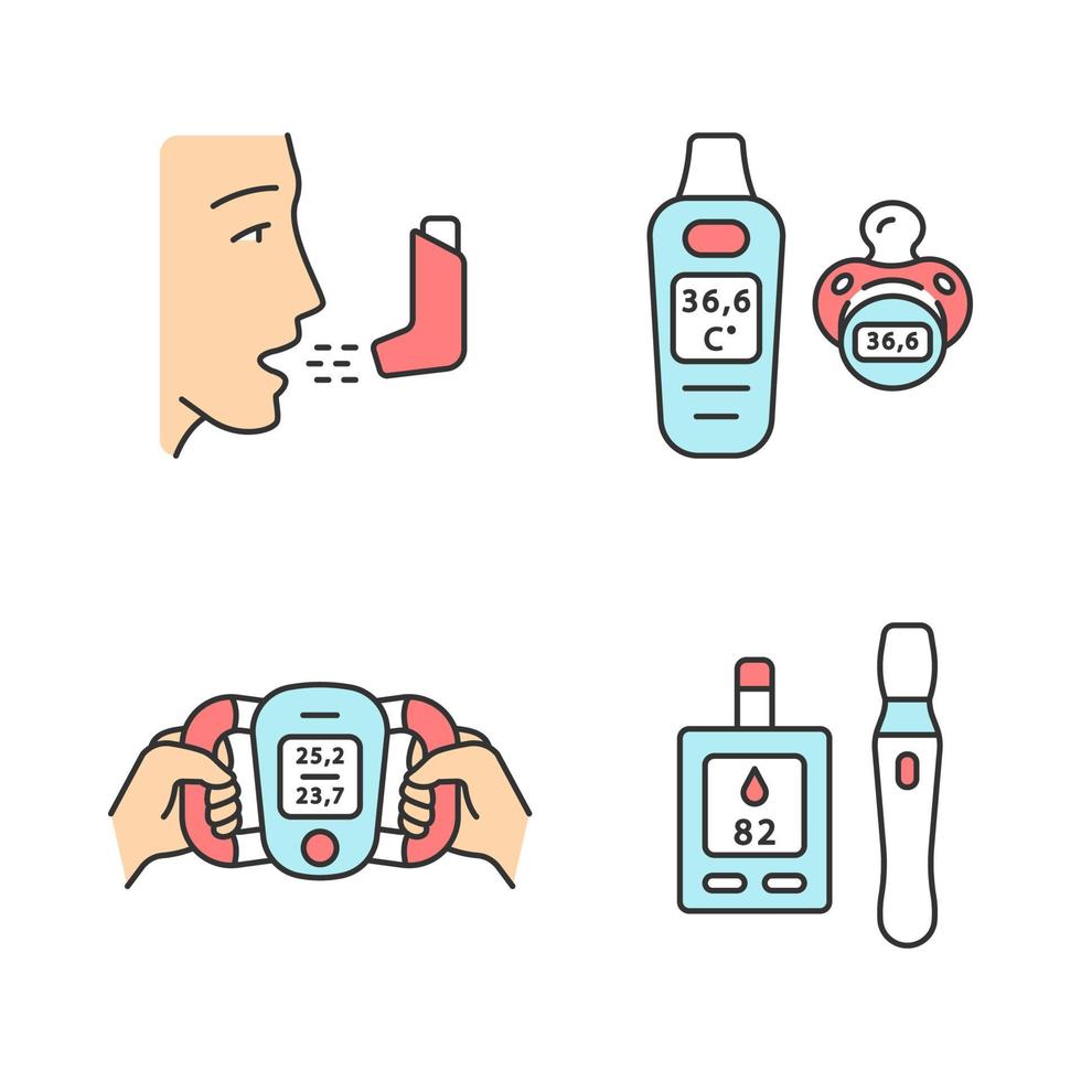 Farbsymbole für medizinische Geräte gesetzt. Inhalator, Baby-Digitalthermometer, Körperfettmessgerät, Blutzuckertest. Atemtrainer. Temperatur, Fettabbaumonitor. Blutzuckermessgerät. isolierte Vektorgrafiken vektor