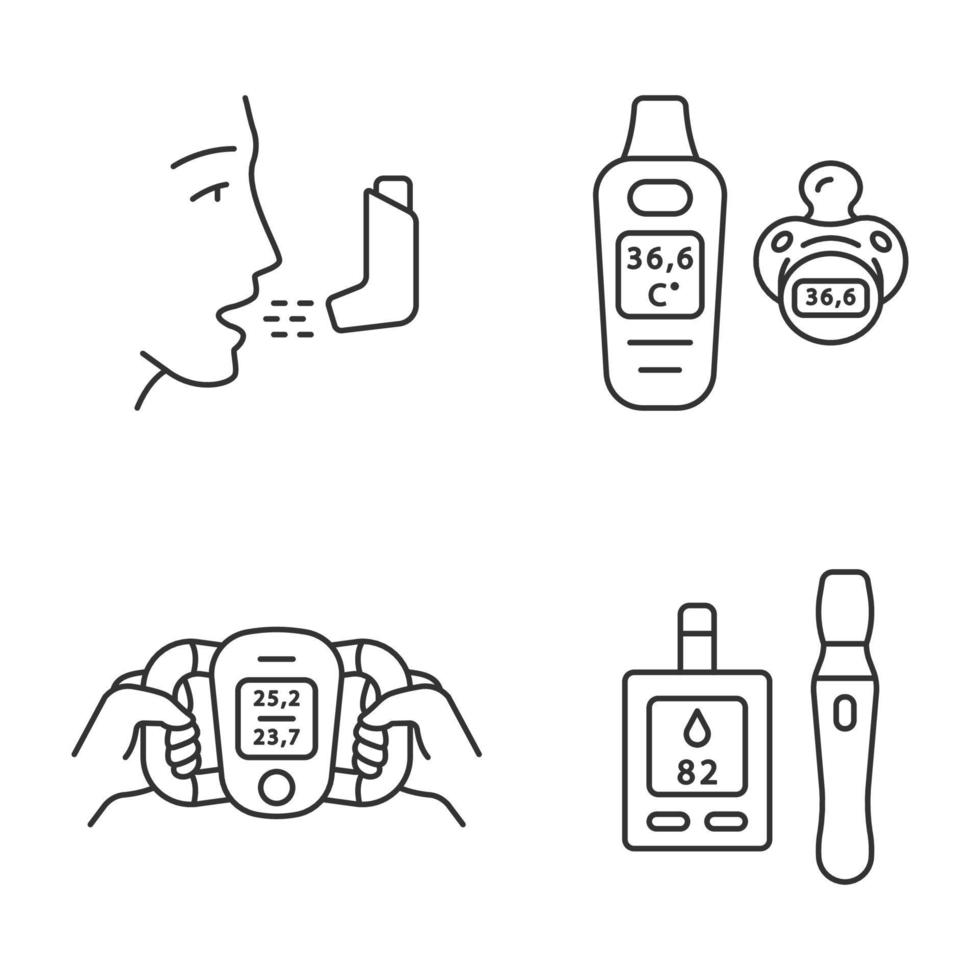 lineare symbole für medizinische geräte gesetzt. Atemtrainer, Babythermometer, Körperfettmonitor, Blutzuckertest. Inhalator. dünne Linienkontursymbole. isolierte vektorumrissillustrationen. editierbarer Strich vektor