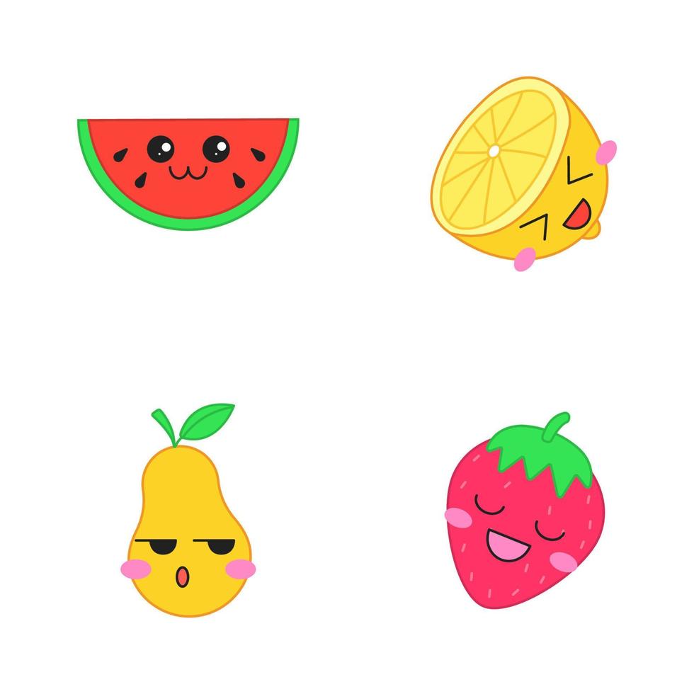 Früchte süße kawaii Vektorfiguren. Beeren mit lächelndem Gesicht. lustiges emoji, emoticon, lächelnd. Fröhliche Wassermelone, Zitrone, Erdbeere. ernsthafte Birne. lachendes essen. isolierte karikaturfarbillustration vektor