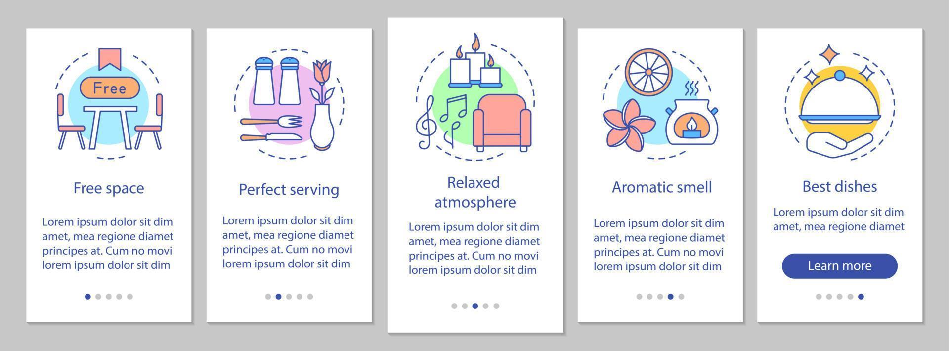 mattjänst onboarding mobil app sidskärm vektor mall. cateringbranschen. restaurangförmåner. genomgång av webbplatssteg med linjära illustrationer. ux, ui, gui smartphone gränssnitt koncept