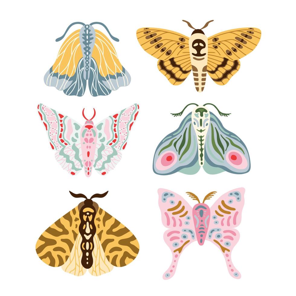 exotiska fjärilar, mal samling. uppsättning av tropiska flygande insekter platt tecknad vektor handritad isolerade illustration. stiliserade mystiska designelement för tryck, omslag, bok, affisch, kort