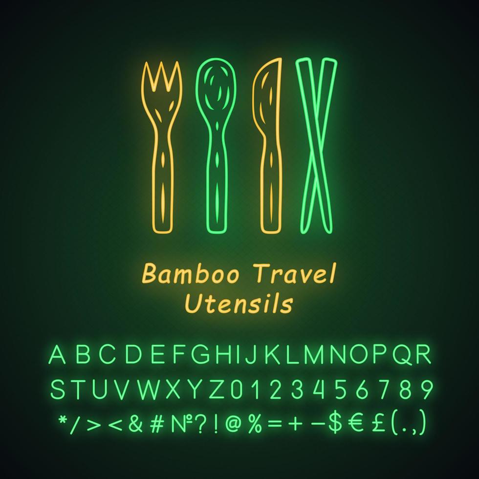 Symbol für Neonlicht aus Bambus für Reiseutensilien. Bio-Löffel, Gabel, Messer, Stöcke. Holzbesteck. Küche, Essensutensilien. leuchtendes zeichen mit alphabet, zahlen und symbolen. vektor isolierte illustration