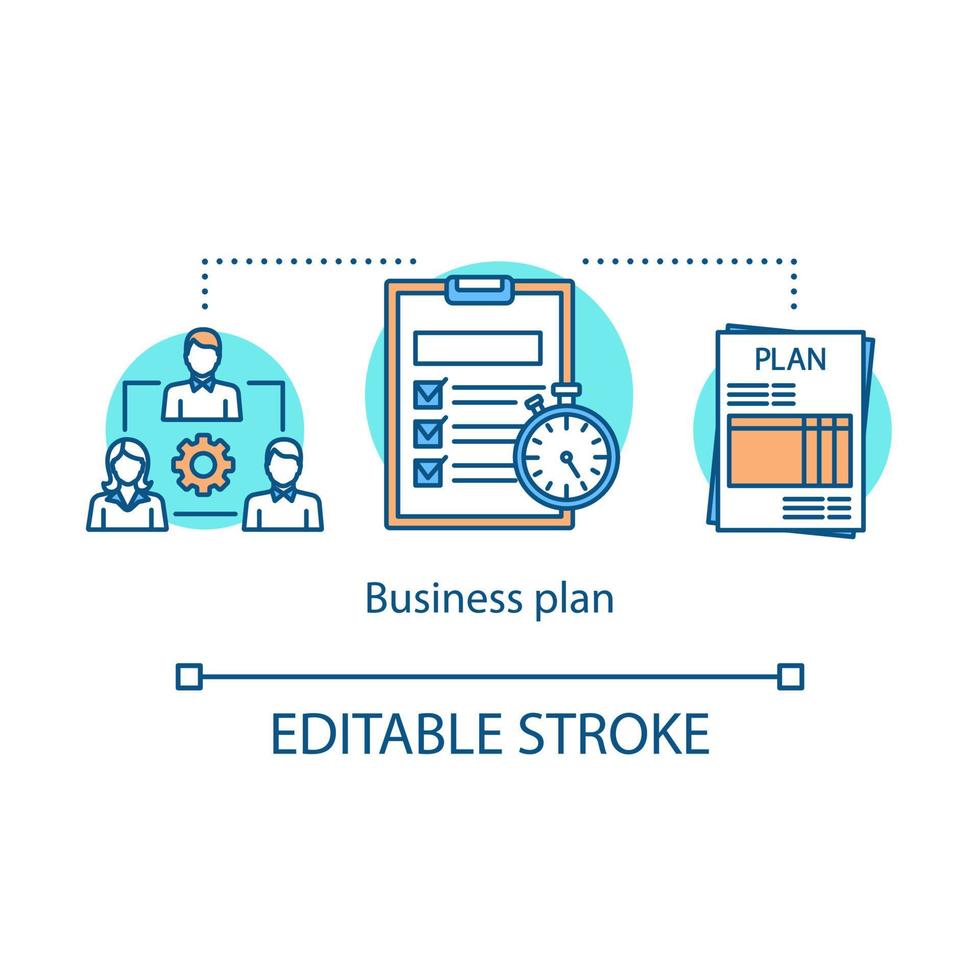 affärsplan koncept ikon. budgetering. finansiering och finansiering. företagsutvecklingsprogram. strategisk ledning idé tunn linje illustration. vektor isolerade konturritning. redigerbar linje