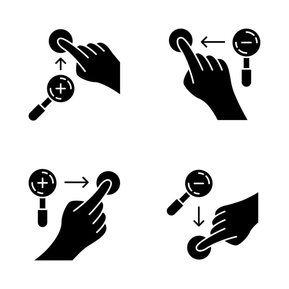 Touchscreen-Gesten-Glyphen-Symbole gesetzt. vertikal vergrößern, vertikal verkleinern gestikulieren. horizontal vergrößern und horizontal verkleinern. menschliche Finger. Silhouettensymbole. vektor isolierte illustration