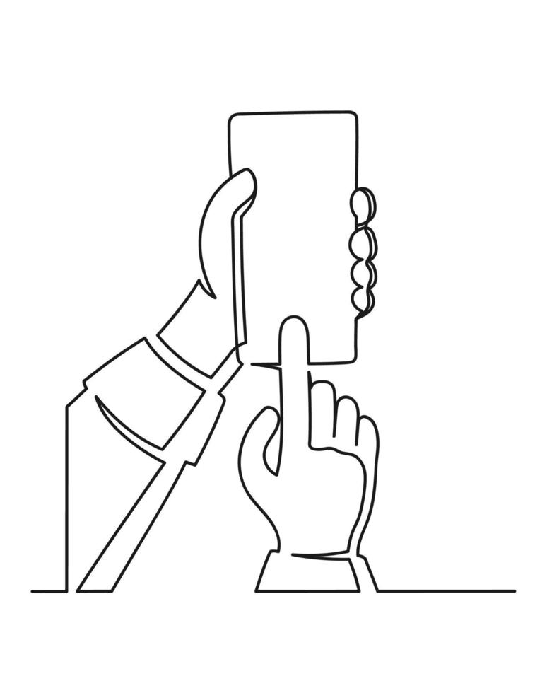 kontinuerlig en rad ritning av en hand som håller mobiltelefon. designelement isolerad på vit bakgrund. vektor illustration