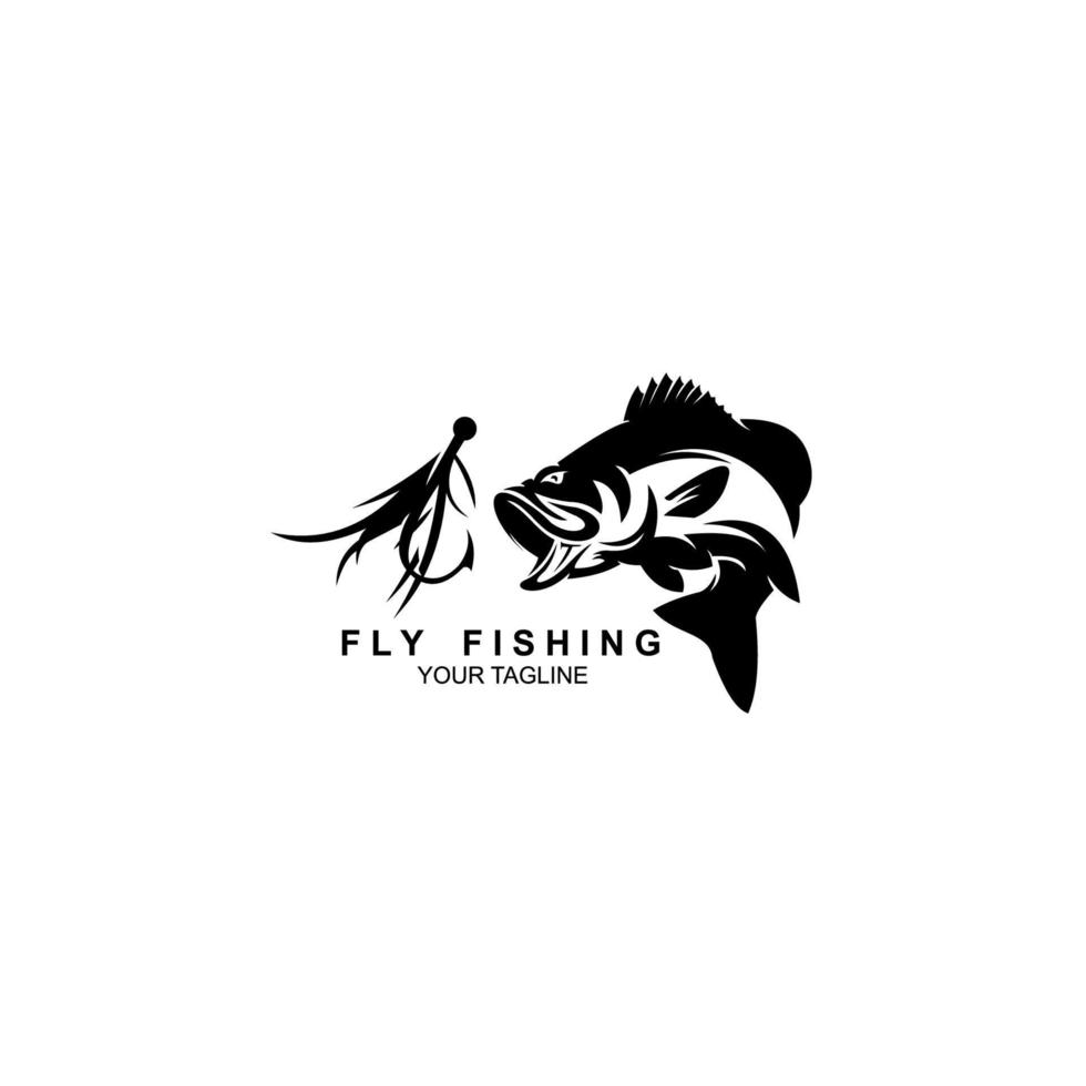 fiskelogotyp, svartvit illustration av en fisk som jagar bete, öringfiske - logotypillustration. fiskeemblem vektor