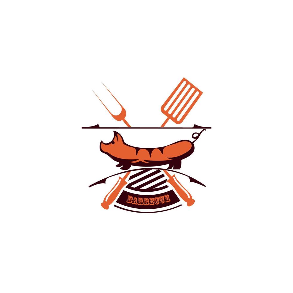 grillredskap med korv. stekhus, grillrestaurangs logotyp, vektor