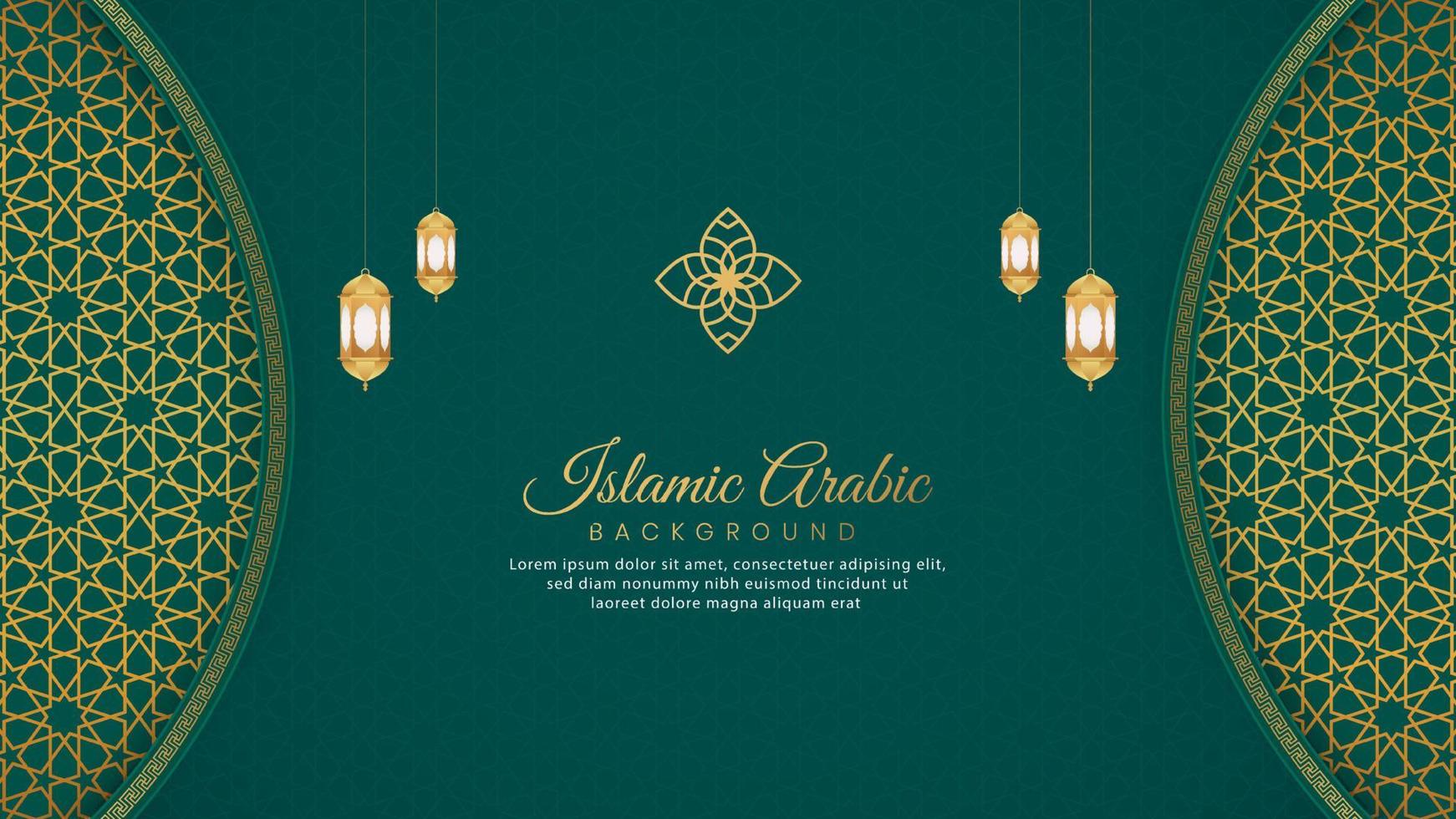 islamisk arabisk grön lyxbakgrund med geometriska mönster och vacker prydnad med lyktor vektor