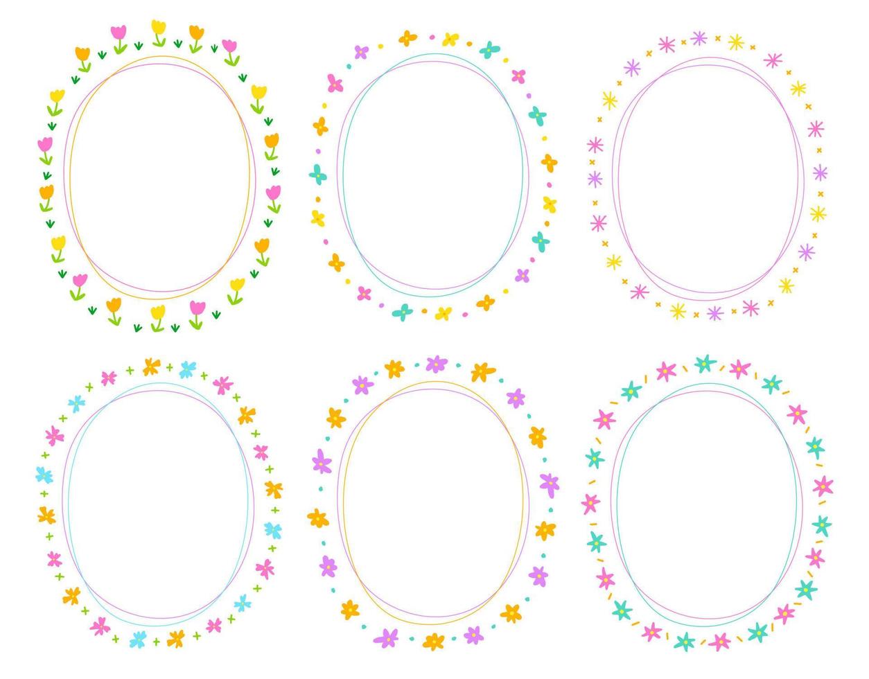 söt abstrakt tusensköna blomma cirkel oval doodle fri hand ritning ritad linje ramar ramar krans tallrik uppsättning samling platt stil regnbåge färgglad bakgrund vektor illustration pack
