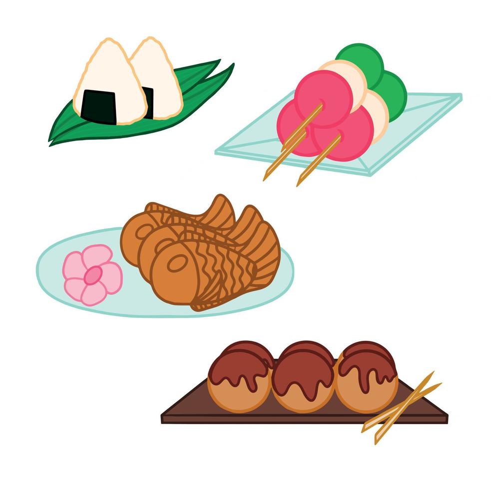 olika typer av japanska traditionella snacks. uppsättning illustrationer av japanska snacks isolering på vit bakgrund. vektor illustration