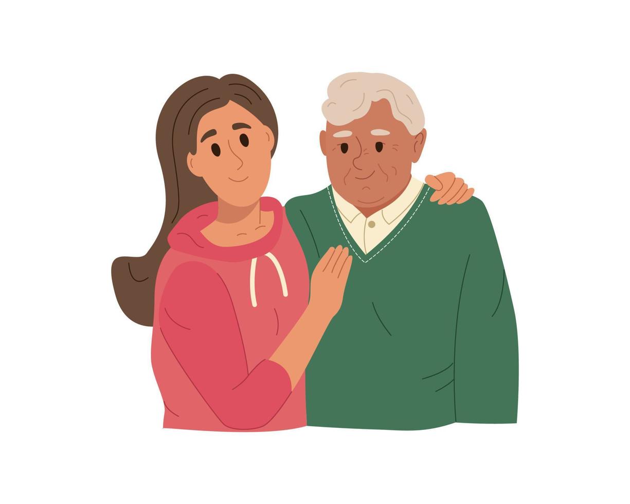 porträtt av en vuxen dotter och hennes äldre gråhåriga far. glada familjemedlemmar kramar och känner kärlek till varandra. sunda familjerelationer. platt vektorillustration vektor