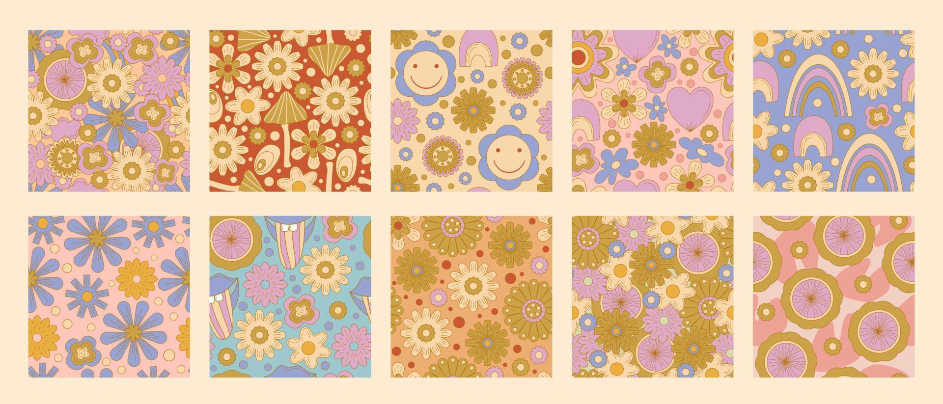 moderne blume retro groovy 70er nahtlose muster-set. groovige gänseblümchenblume, regenbogen, hintergrund. Hippie-Illustration mit 70er-Druckdesign. Hippie-Druckillustration. Vektor retro nahtlose Blümchenmuster.