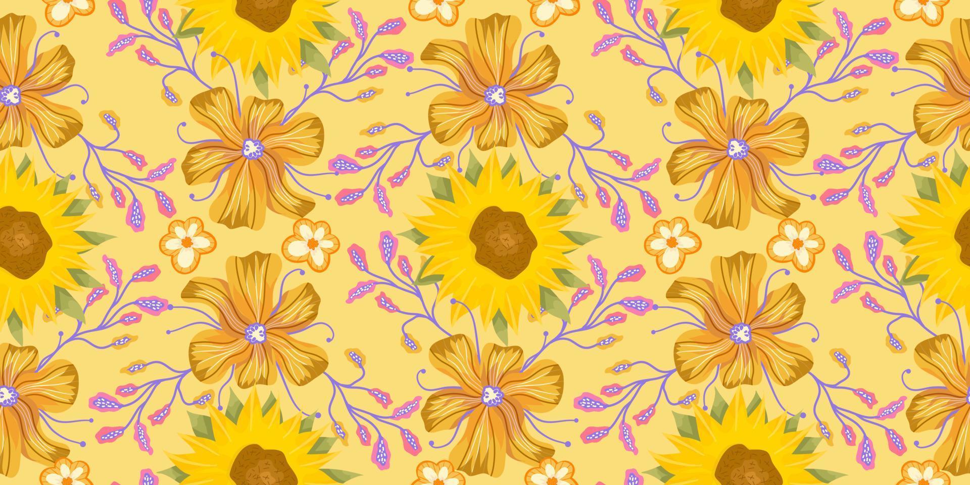 solros seamless mönster med blomma, blad. tecknad gul illustration. sömlösa blommönster. sommar ljus blommig design. vektor illustration