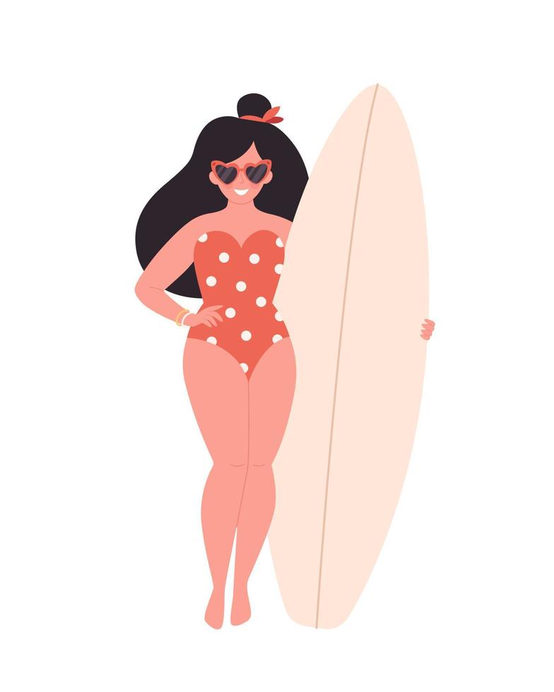 Frau mit Surfbrett. sommeraktivität, sommerzeit, surfen. Hallo Sommer. Sommerurlaub vektor