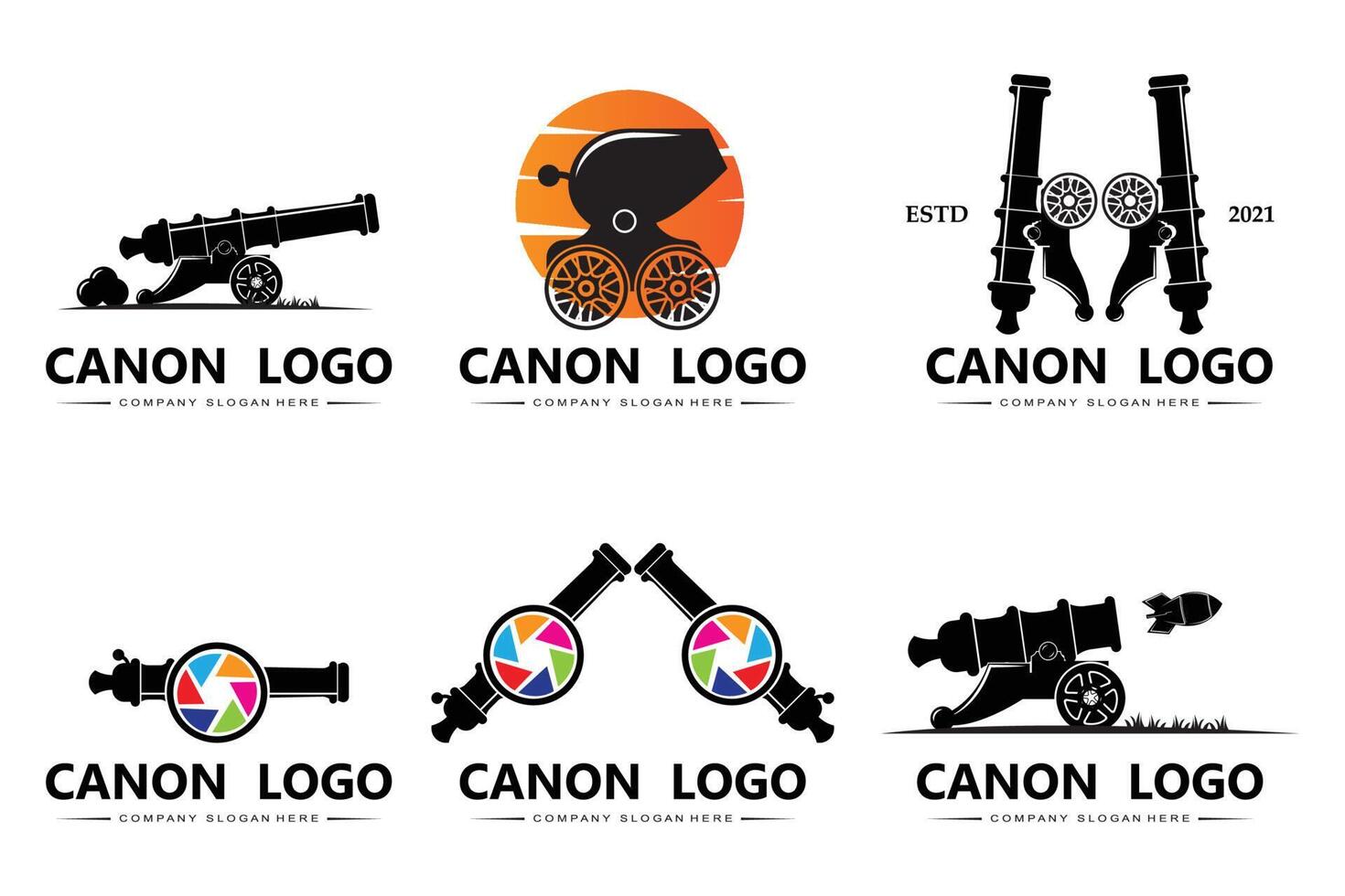 Kanonenlogo-Vektorsymbol, Kriegswaffe der Armee, Bombe, Sprengsatz, königliche Garde, Retro-Vintage vektor