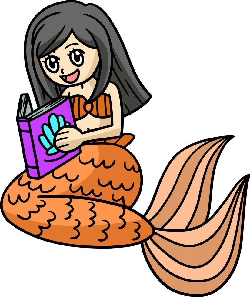 sjöjungfru läser en bok tecknad färgad clipart vektor