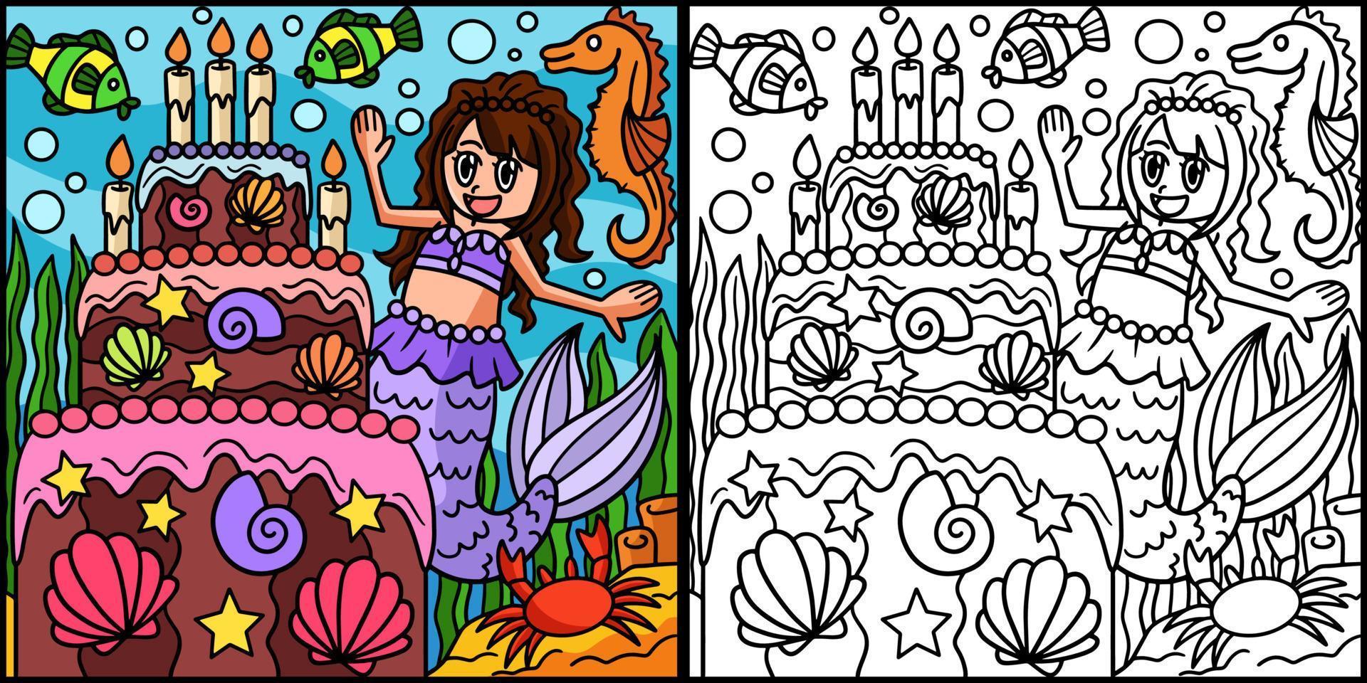 meerjungfrau und geburtstagstorte farbige illustration vektor