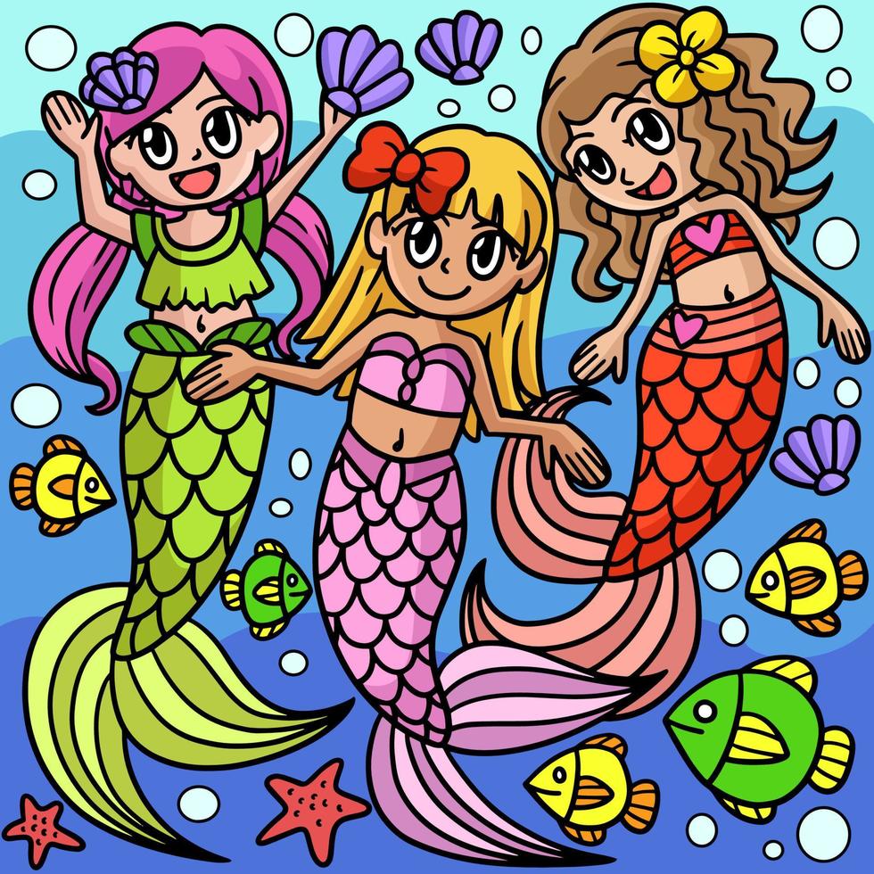 sjöjungfru med vänner färgad tecknad illustration vektor