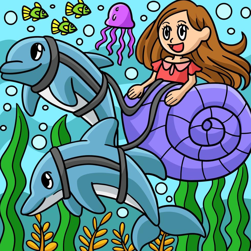 Meerjungfrau, die in einem muschelfarbenen Cartoon reitet vektor