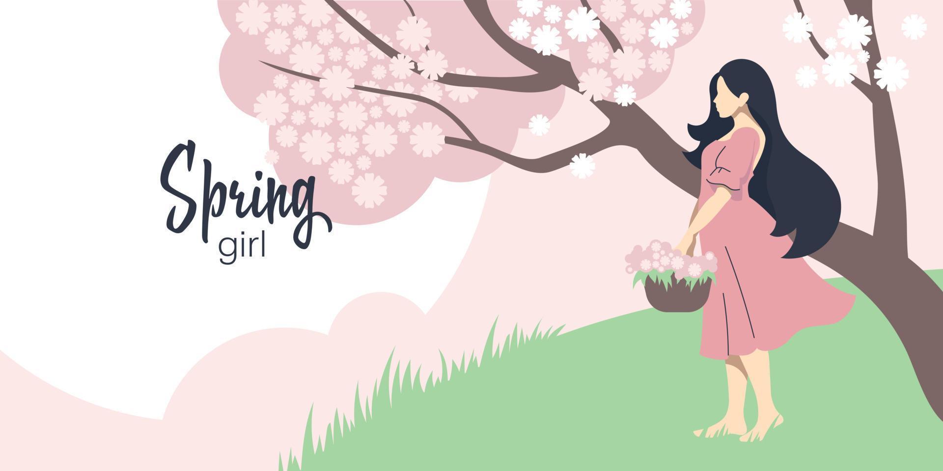 vårtjej. vacker flicka med en korg med blommor på bakgrunden av vårens natur. vektor bild.