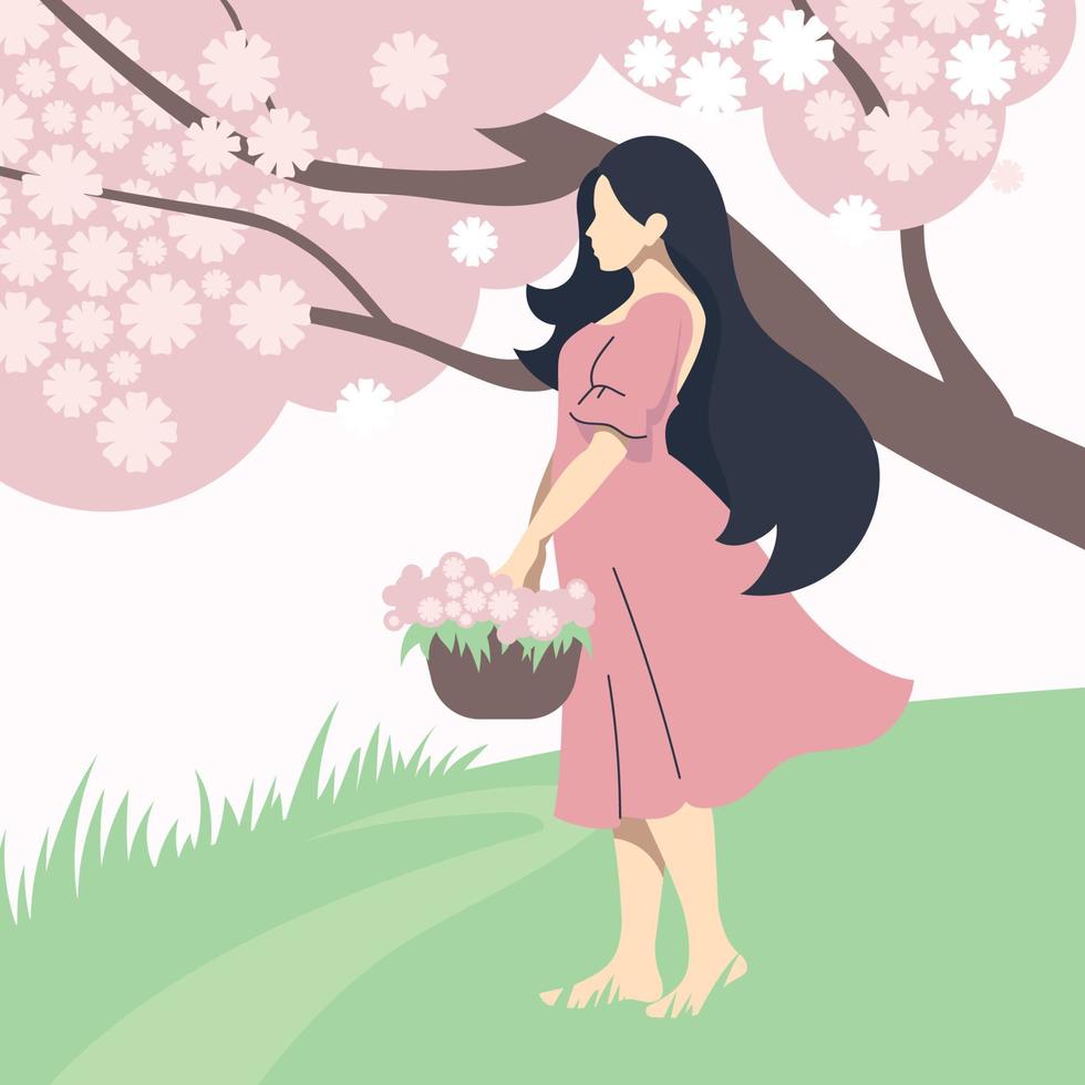 Frühlingsmädchen. schönes Mädchen mit einem Blumenkorb vor dem Hintergrund einer Frühlingslandschaft. Vektorbild. vektor