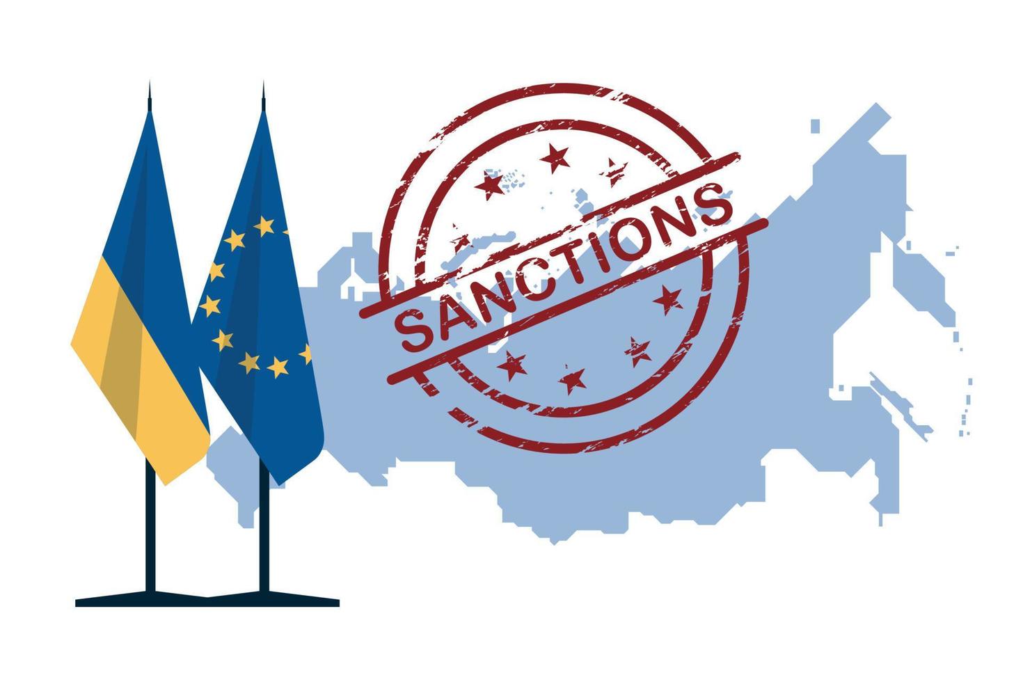 sanktioner. Rysslandskarta med sanktionsstämpel. Ukrainas och Europeiska unionens flagga. vektor bild.