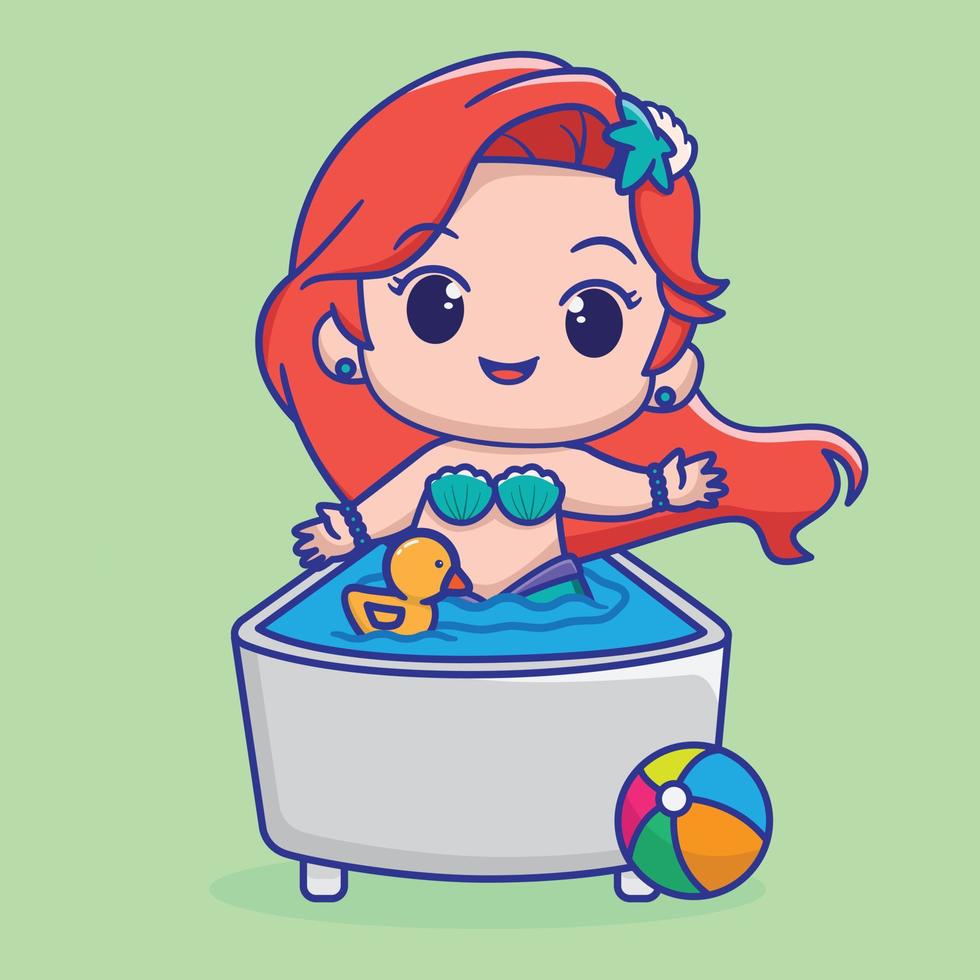 süße Meerjungfrau, die in einem Bad badet, für Kindermode-Kunstwerke, Kinderbücher, Grußkarten. vektor