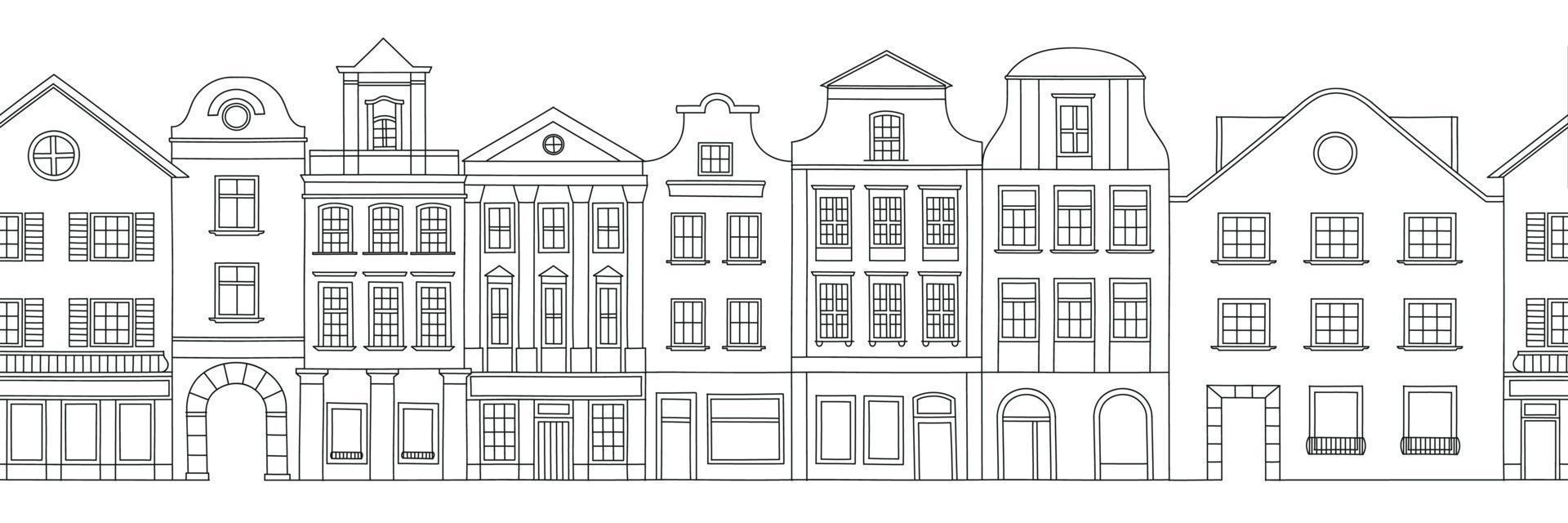 Fassade von Häusern. Europäische Straße. Niederlande. Architekturskizze. nahtloses Vektorbild. vektor