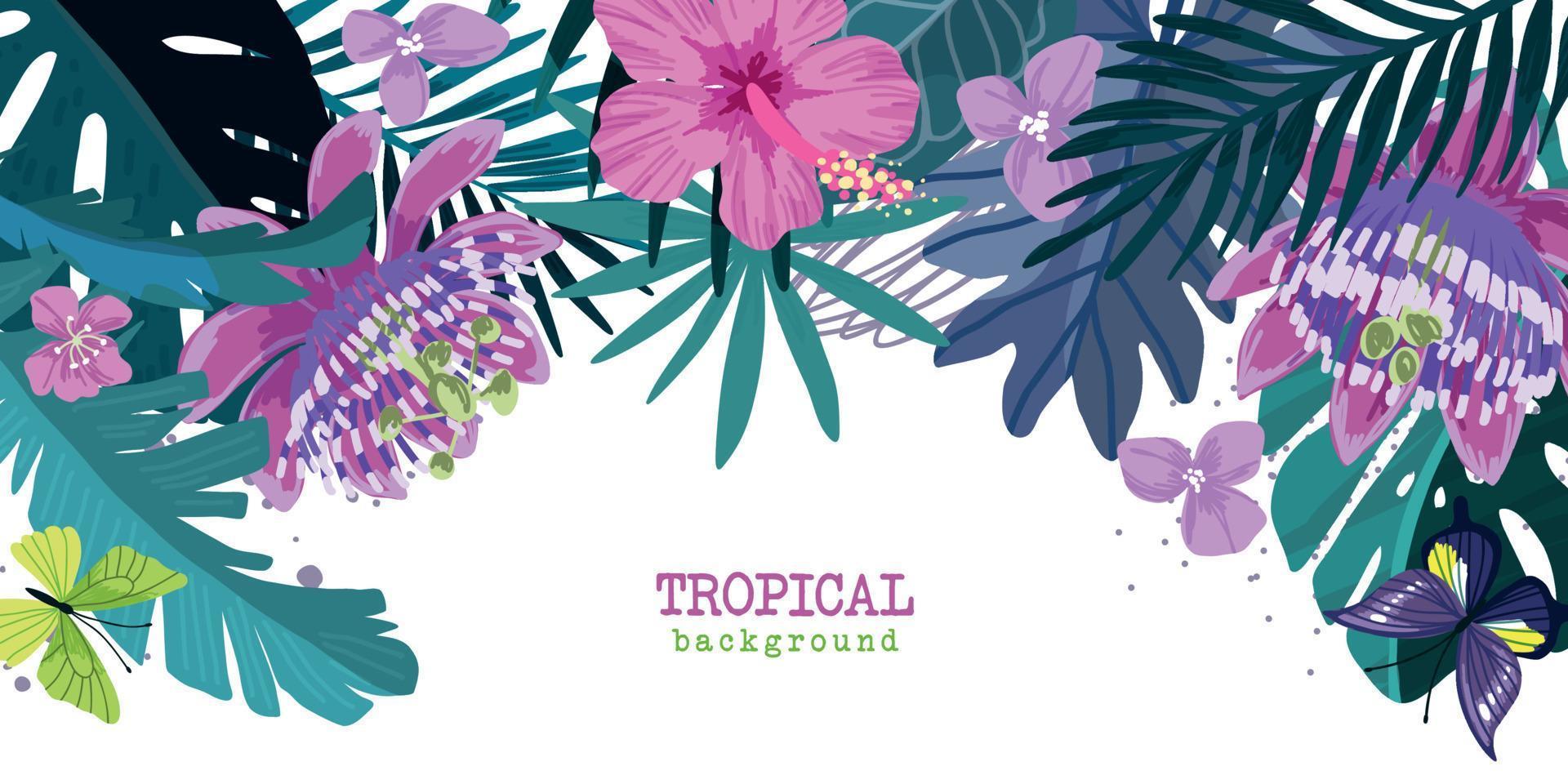 tropischer floraler hintergrund, blaue und violette blätter und rosa passiflora- und hibiskusblüten vektor