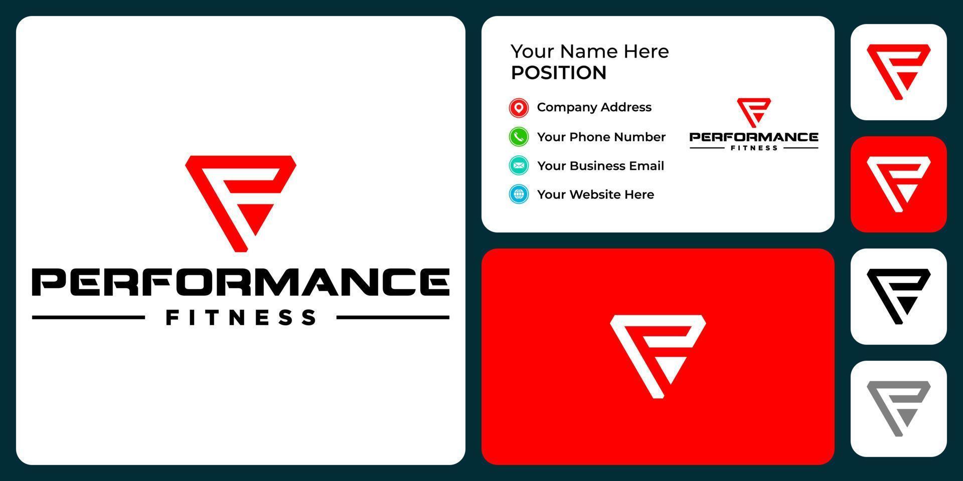 Brief pf Monogramm Fitness Logo Design mit Visitenkartenvorlage. vektor