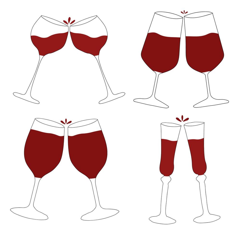 Rotwein in verschiedenen Arten von Gläsern. Vektorillustration im Doodle-Stil. vektor