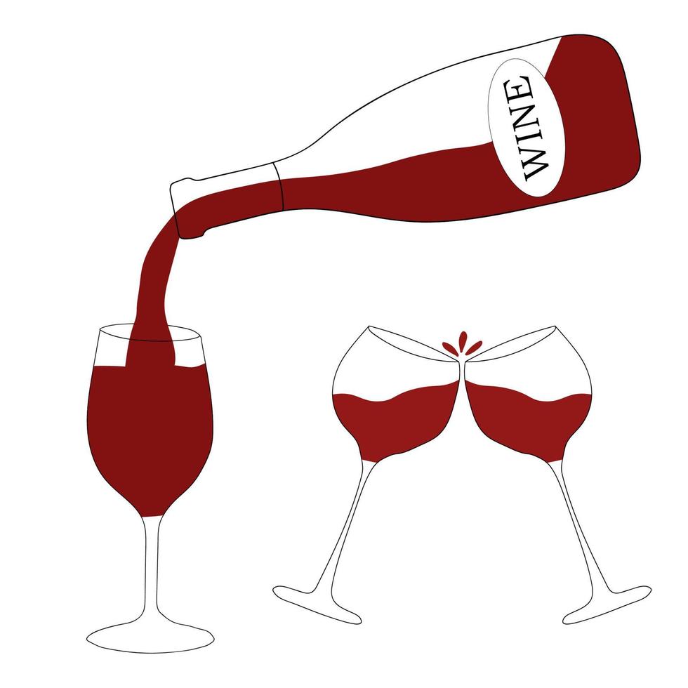Rotwein in einer Flasche wird in ein Glas gegossen. Vektorgrafik im Doodle-Stil. vektor