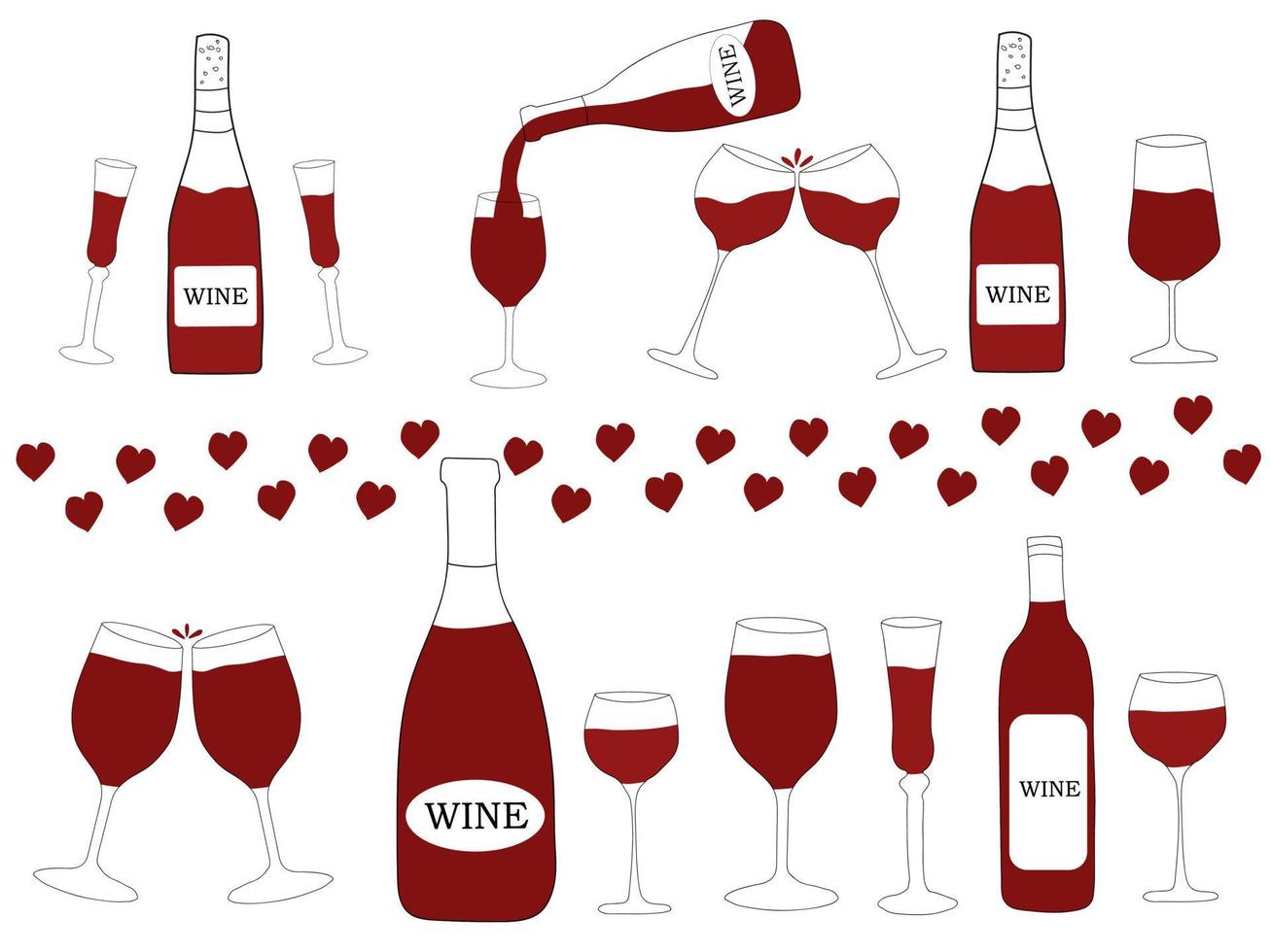 Rotwein in Flaschen und Gläsern. vektorillustration im gekritzelstil. verschiedene arten von weinflaschen vektor