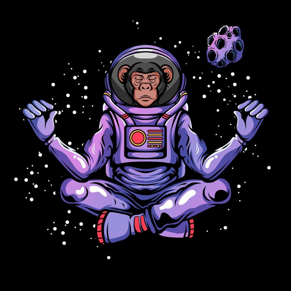 Illustration eines Affen-Astronauten, der im Weltraum meditiert vektor