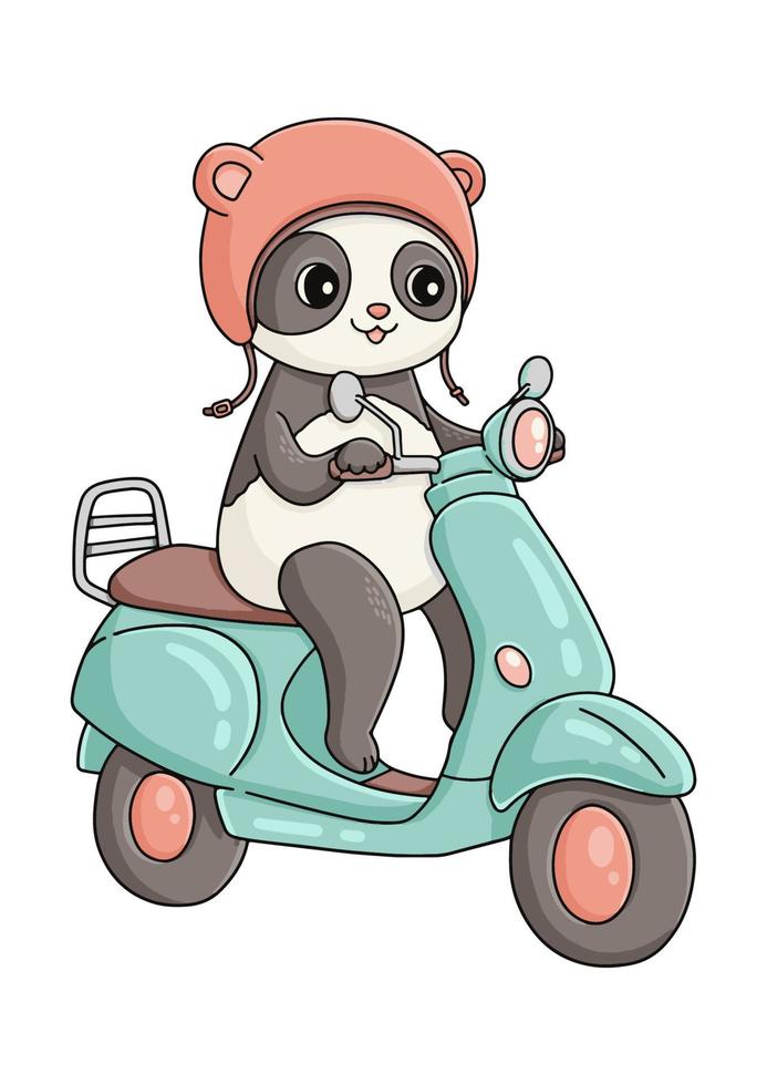 sommar panda på blå moped i rosa hjälm vektorillustration vektor