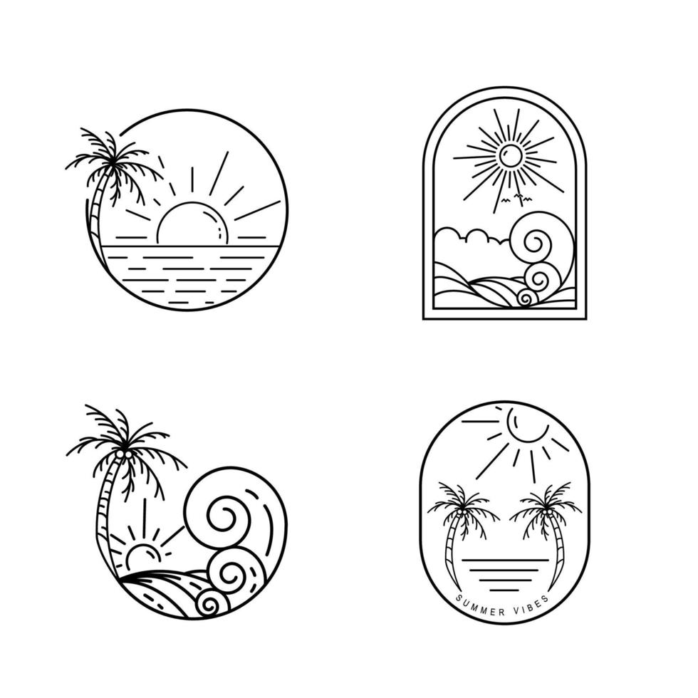 ställa in strandlandskap logotyp illustration på linjekonst vektor